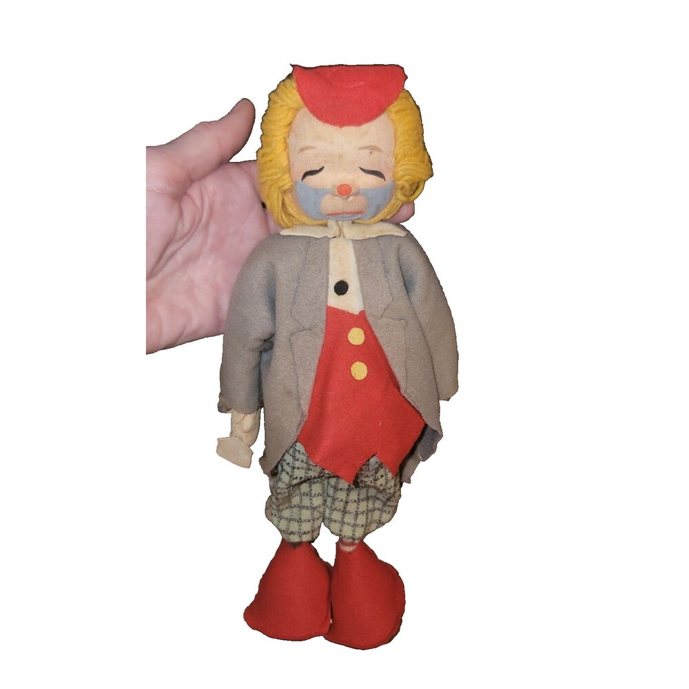 VTG 1950's Sad Faced Stuffed Clown Doll Red Skelton Holiday Fair/ Hedaya & Co.